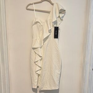 White One-Shoulder Ruffle Midi Dress